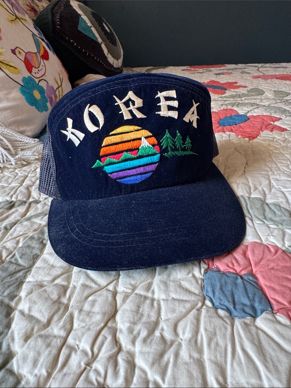 Vintage Korea Souvenir blue velvet mesh trucker hat SnapBack cap